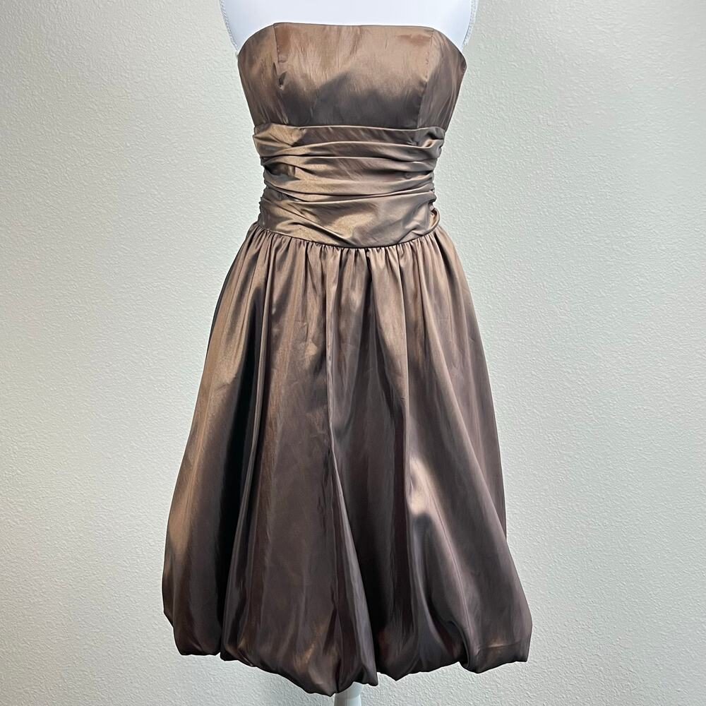 Women's Chocolate Brown Metallic Strapless‎ Bubble Hem Dress Size 2 Y2K Prom 90s